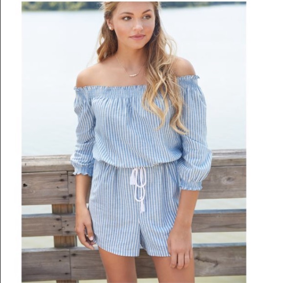 Mud Pie Pants - NWT Mudpie Oliver Pinstripe off shoulder romper